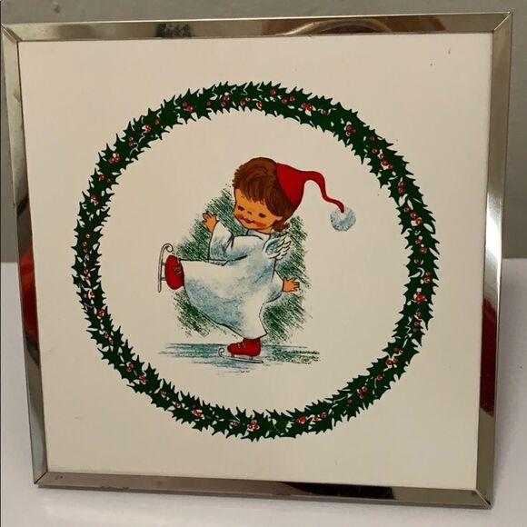 Sweet Vtg Christmas angel skating tile plaque - Picture 1 of 5